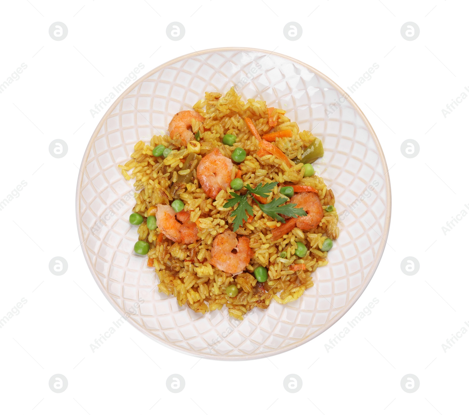 Photo of Tasty rice with shrimps and vegetables isolated on white, top view