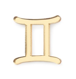 Photo of Zodiac sign. Golden Gemini symbol isolated on white, top view