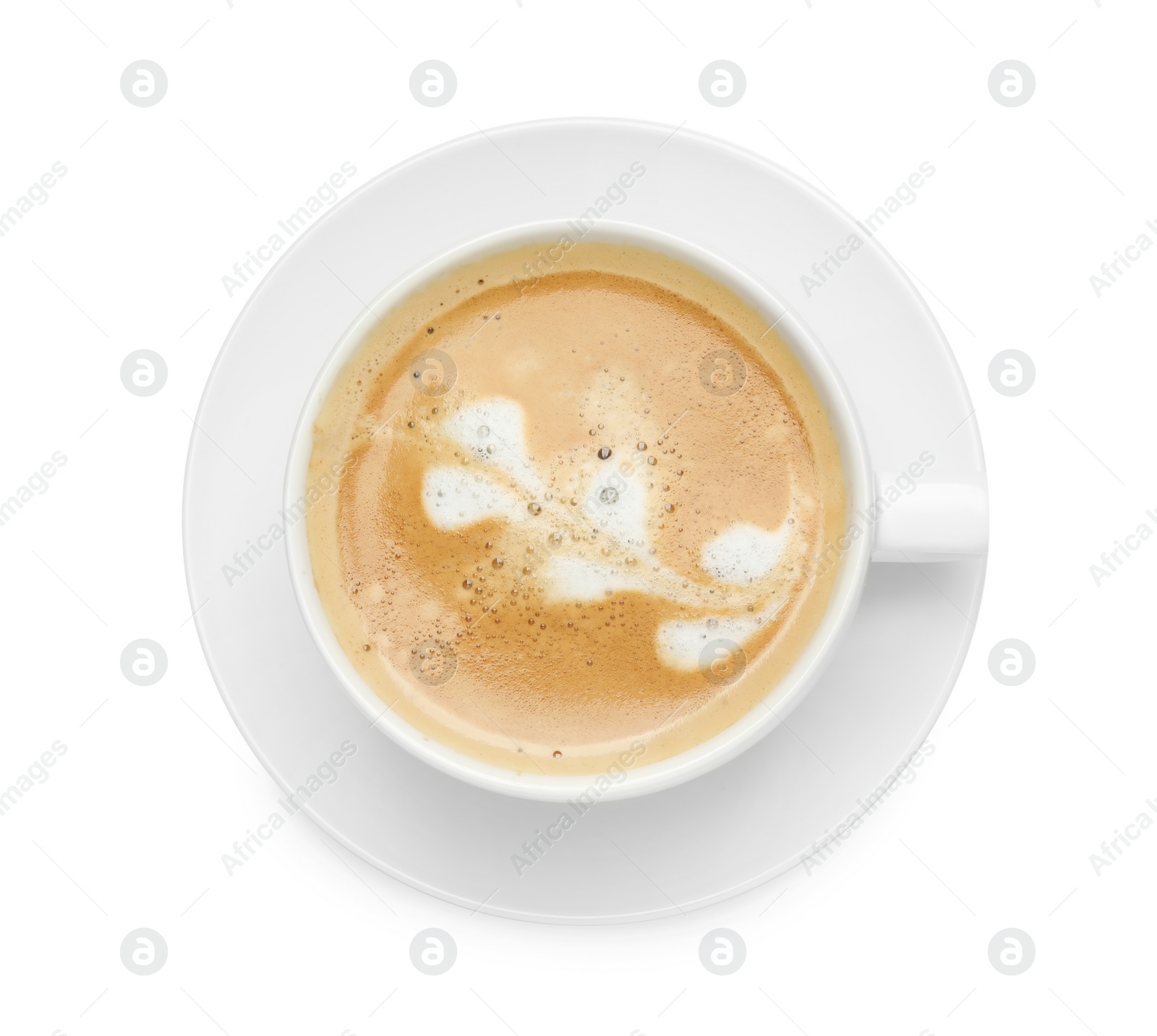 Photo of Cup of hot coffee isolated on white, top view