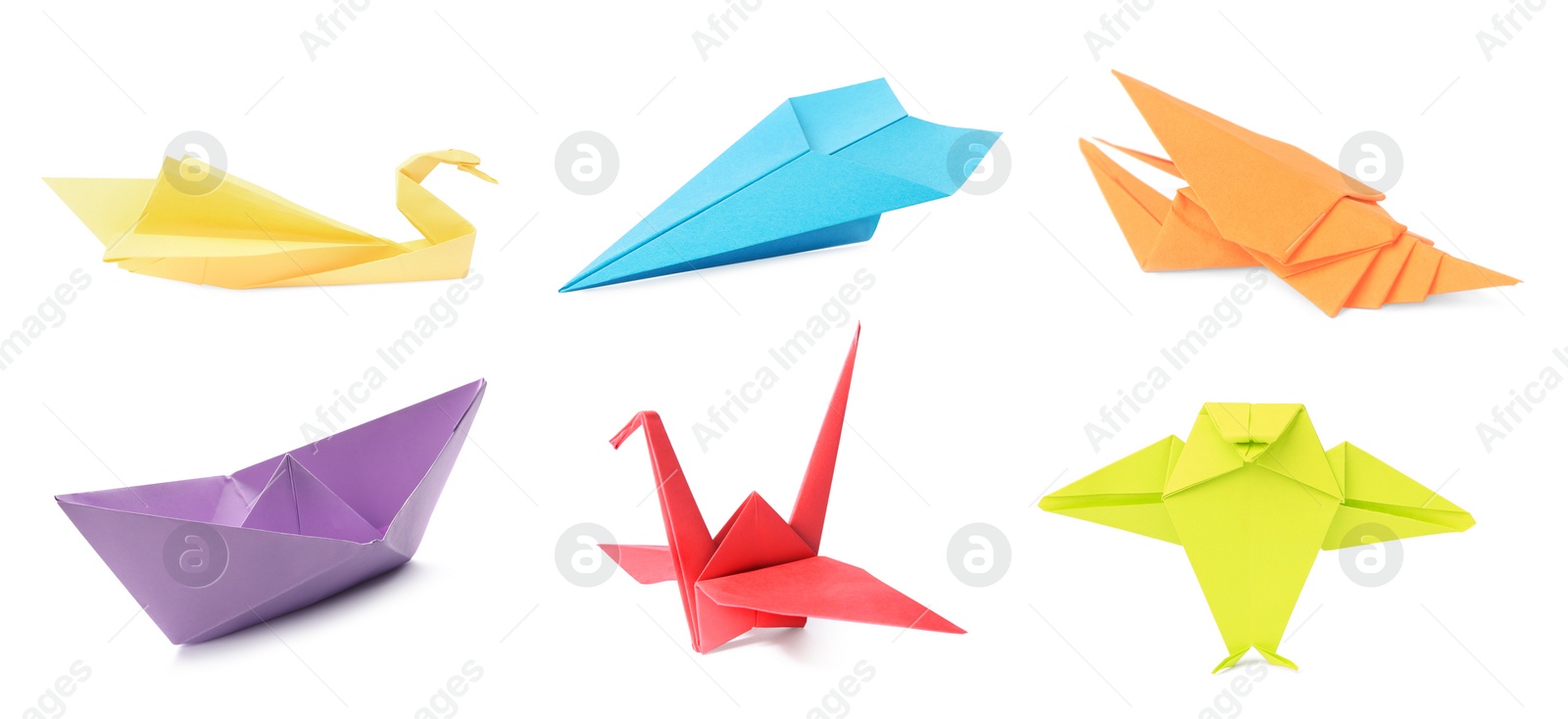 Image of Collage with many different paper figures on white background. Origami art