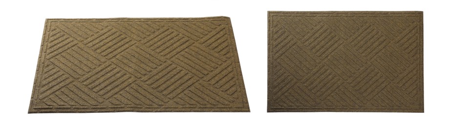 Image of New clean door mats on white background, collage. Banner design