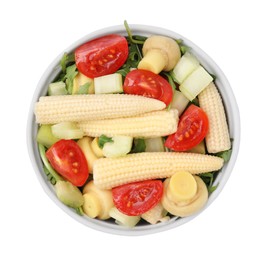 Photo of Tasty baby corn with vegetables and champignons isolated on white, top view