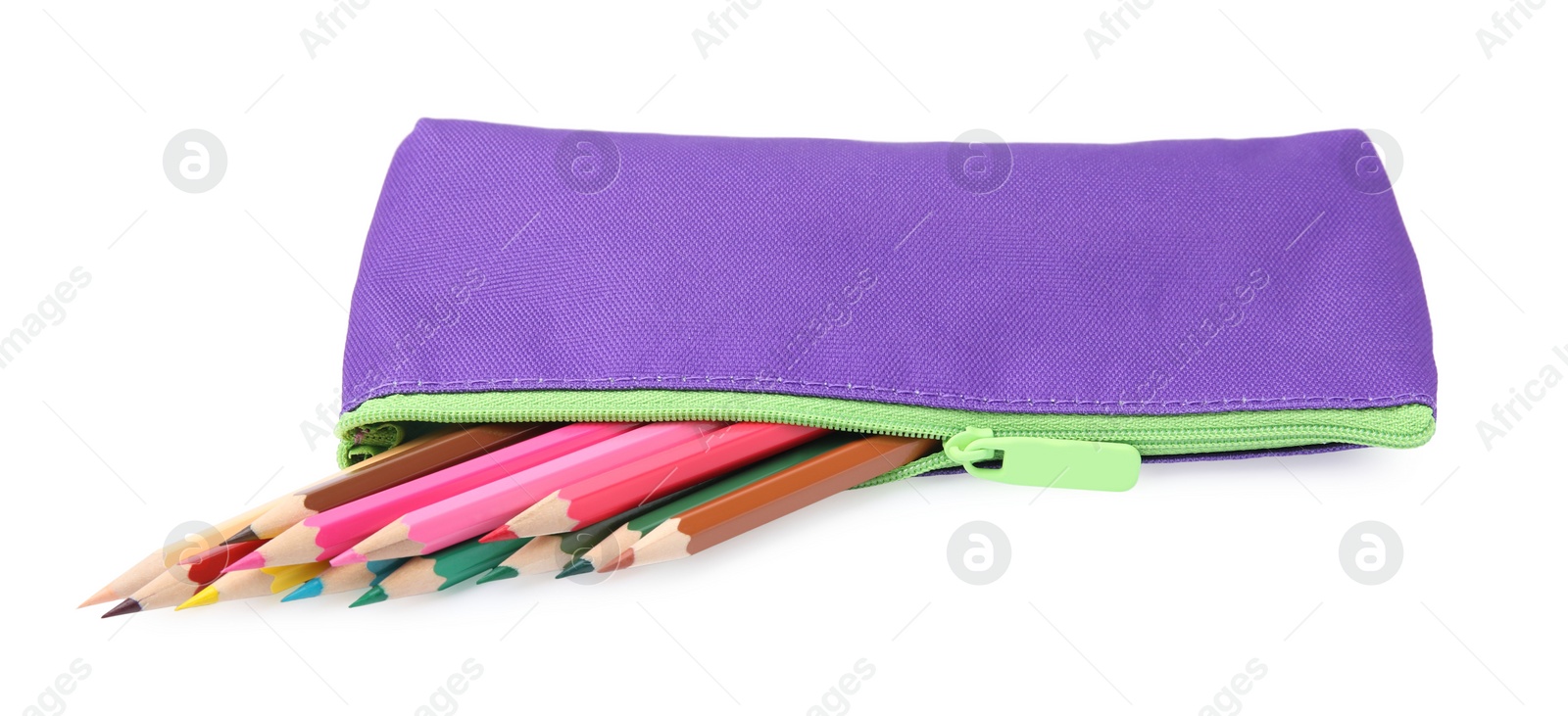 Photo of Many colorful pencils in pencil case isolated on white