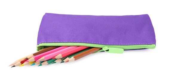 Many colorful pencils in pencil case isolated on white