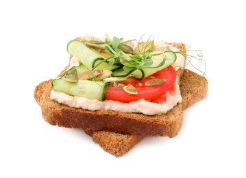 Tasty vegan sandwich with cucumber, tomato and pumpkin seeds isolated on white