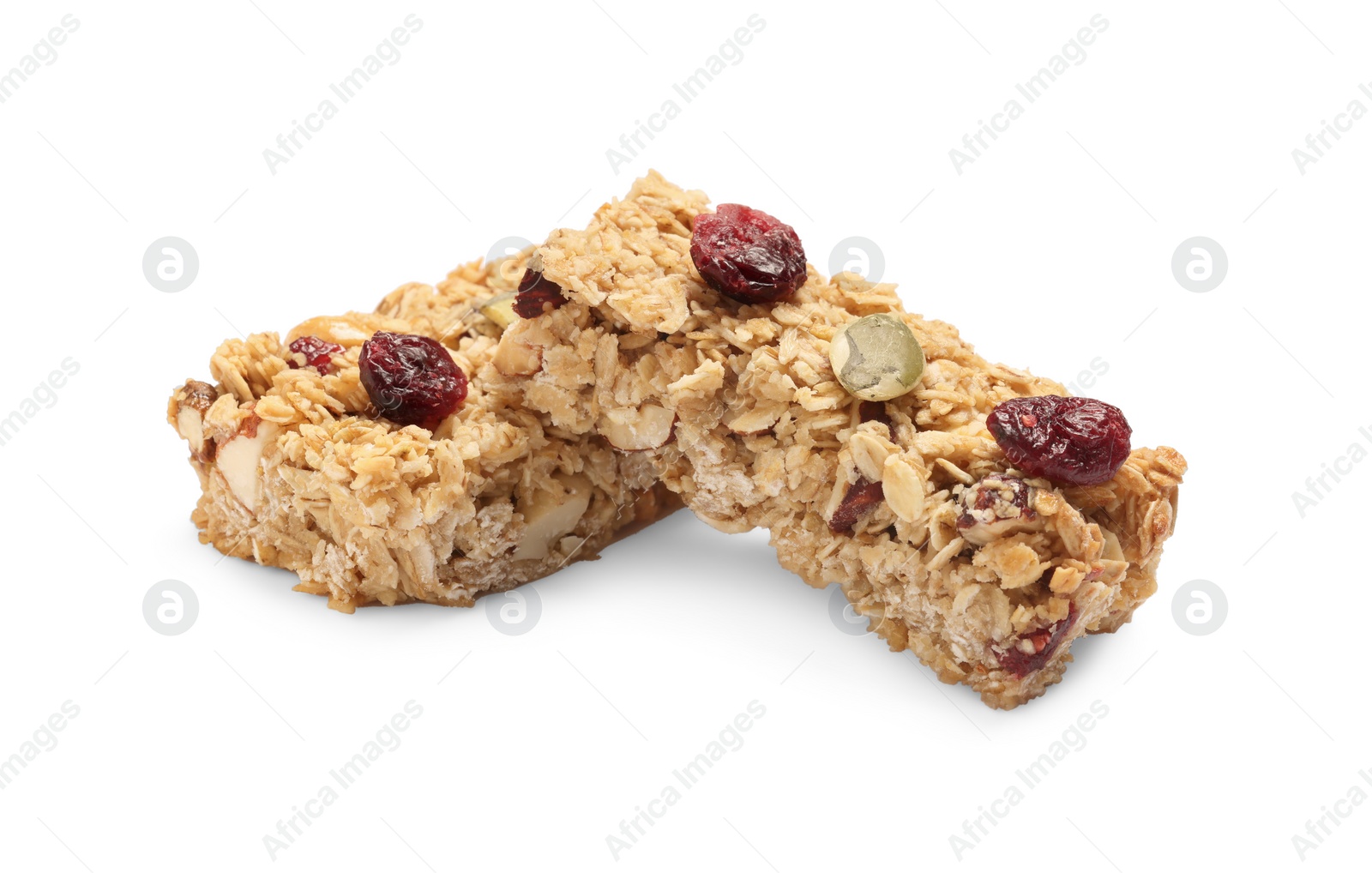 Photo of Tasty granola bars with berries isolated on white