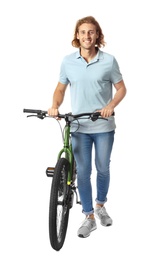 Photo of Happy young man with bicycle on white background