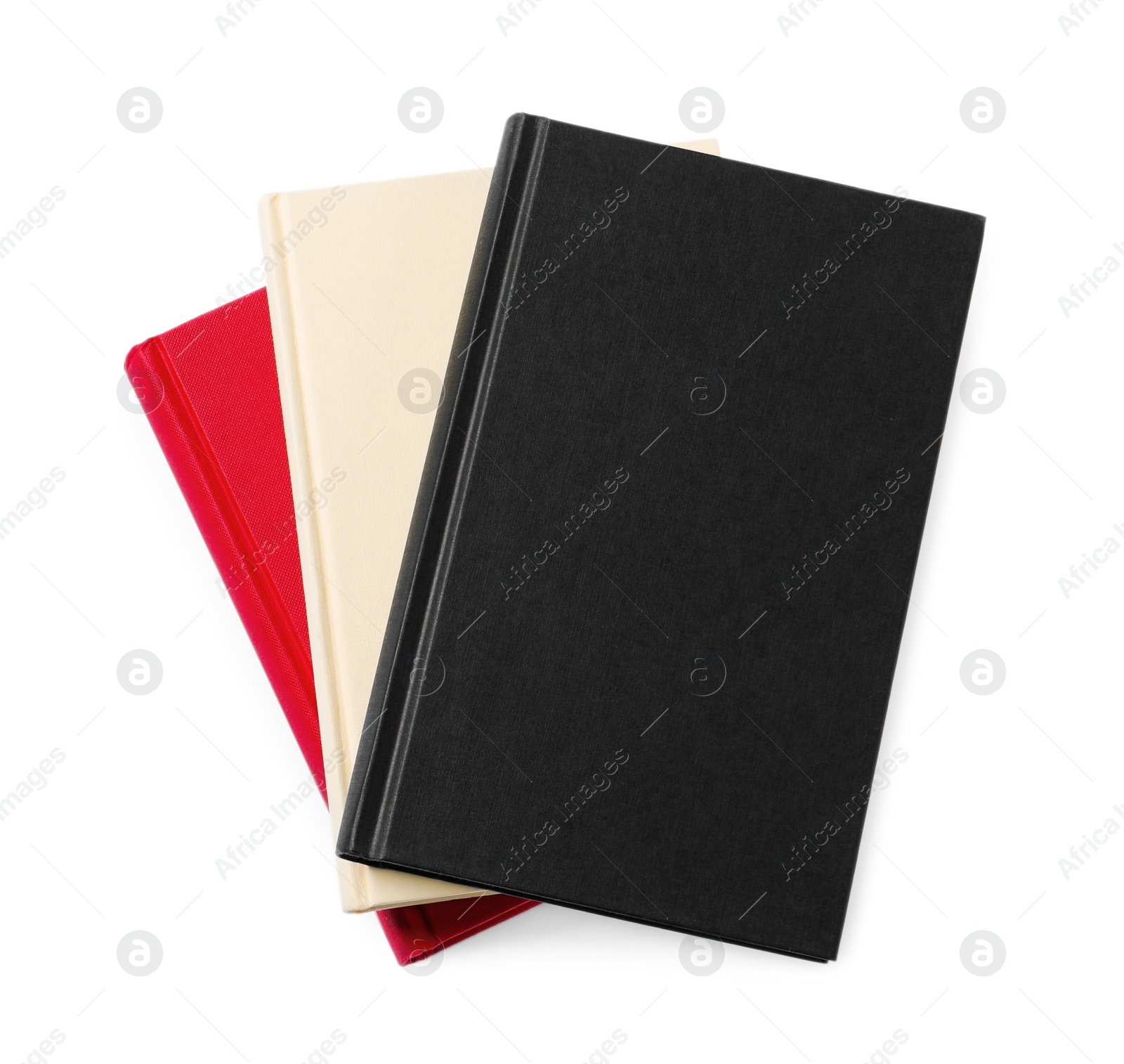 Photo of Stack of hardcover books isolated on white, top view