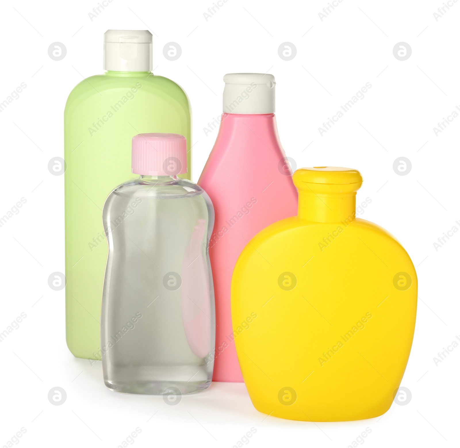 Photo of Bottles of baby cosmetic products on white background