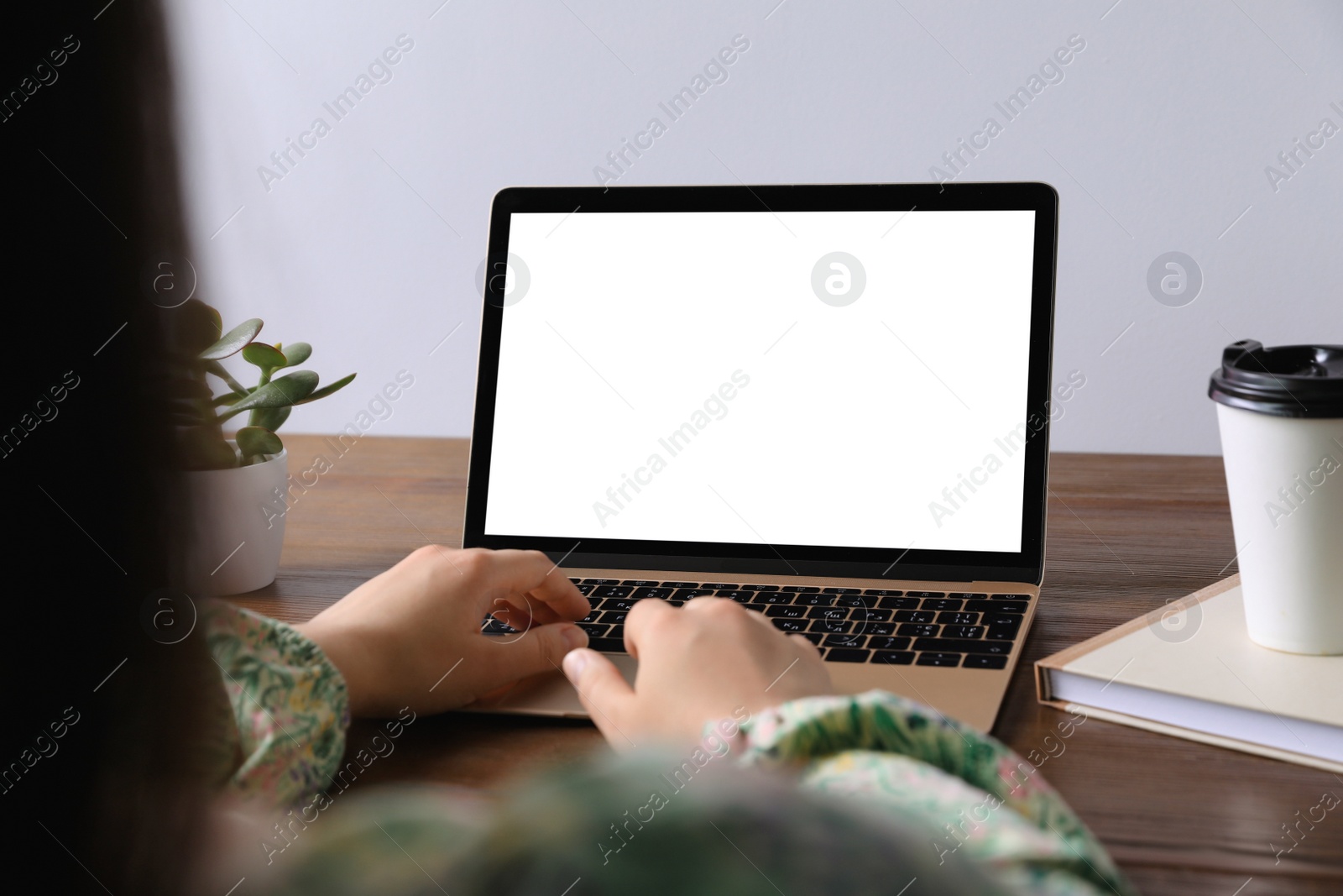 Photo of Woman working on laptop at wooden table, closeup. Mockup for design