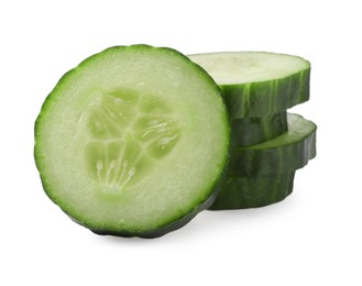 Photo of Stack of fresh cut cucumber isolated on white