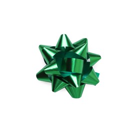 Photo of Green gift bow isolated on white, top view. Festive decor