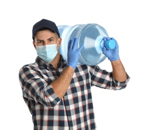 Photo of Courier in face mask with bottle of cooler water on white background. Delivery during coronavirus quarantine