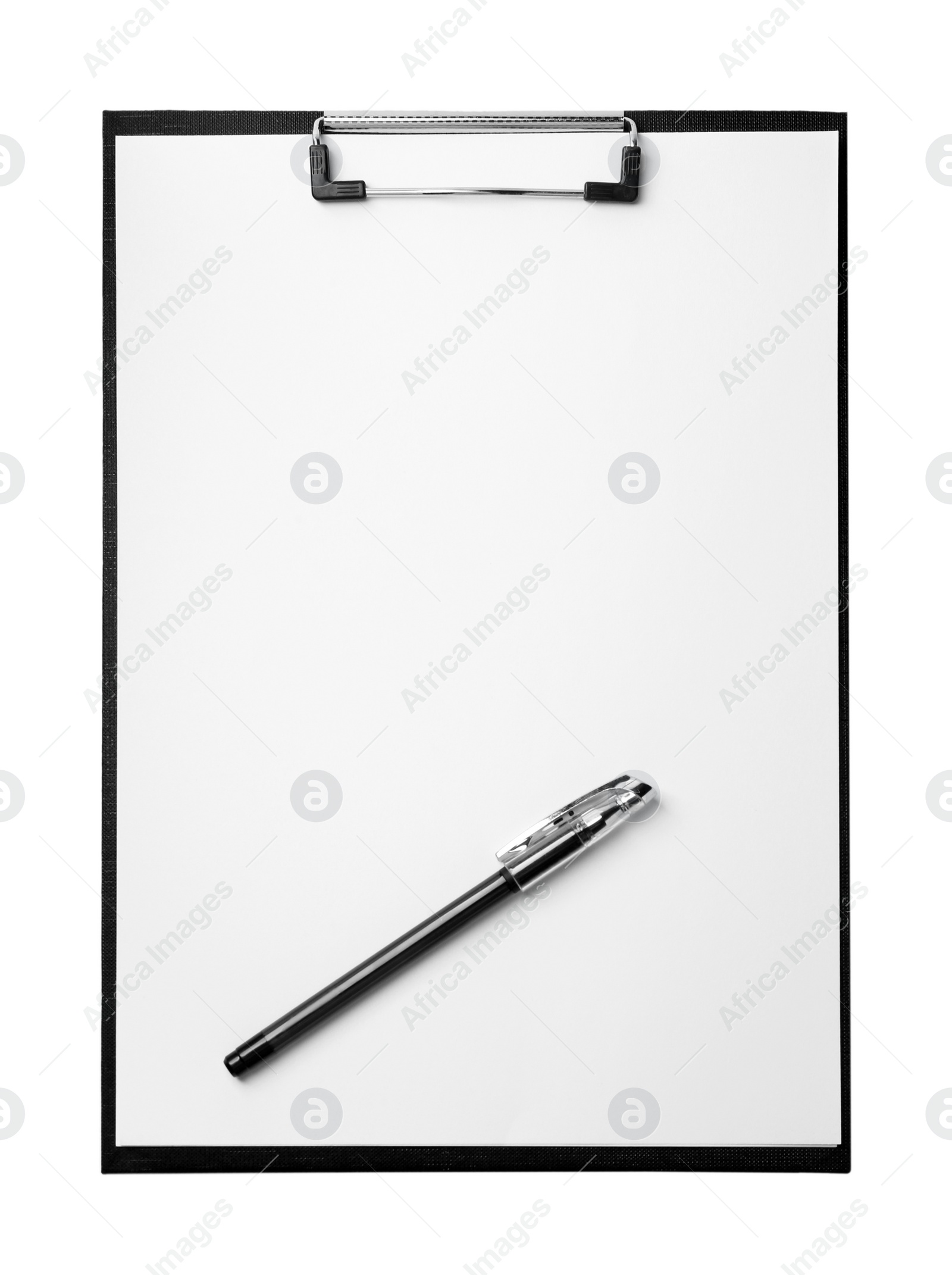 Photo of Clipboard with sheet of paper and pen isolated on white, top view. Space for text