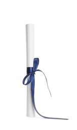 Photo of Rolled student's diploma with blue ribbon isolated on white