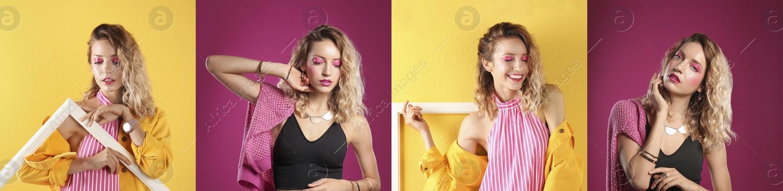 Image of Collage of beautiful young woman posing on different color backgrounds. Banner design 