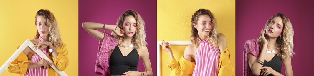 Image of Collage of beautiful young woman posing on different color backgrounds. Banner design 