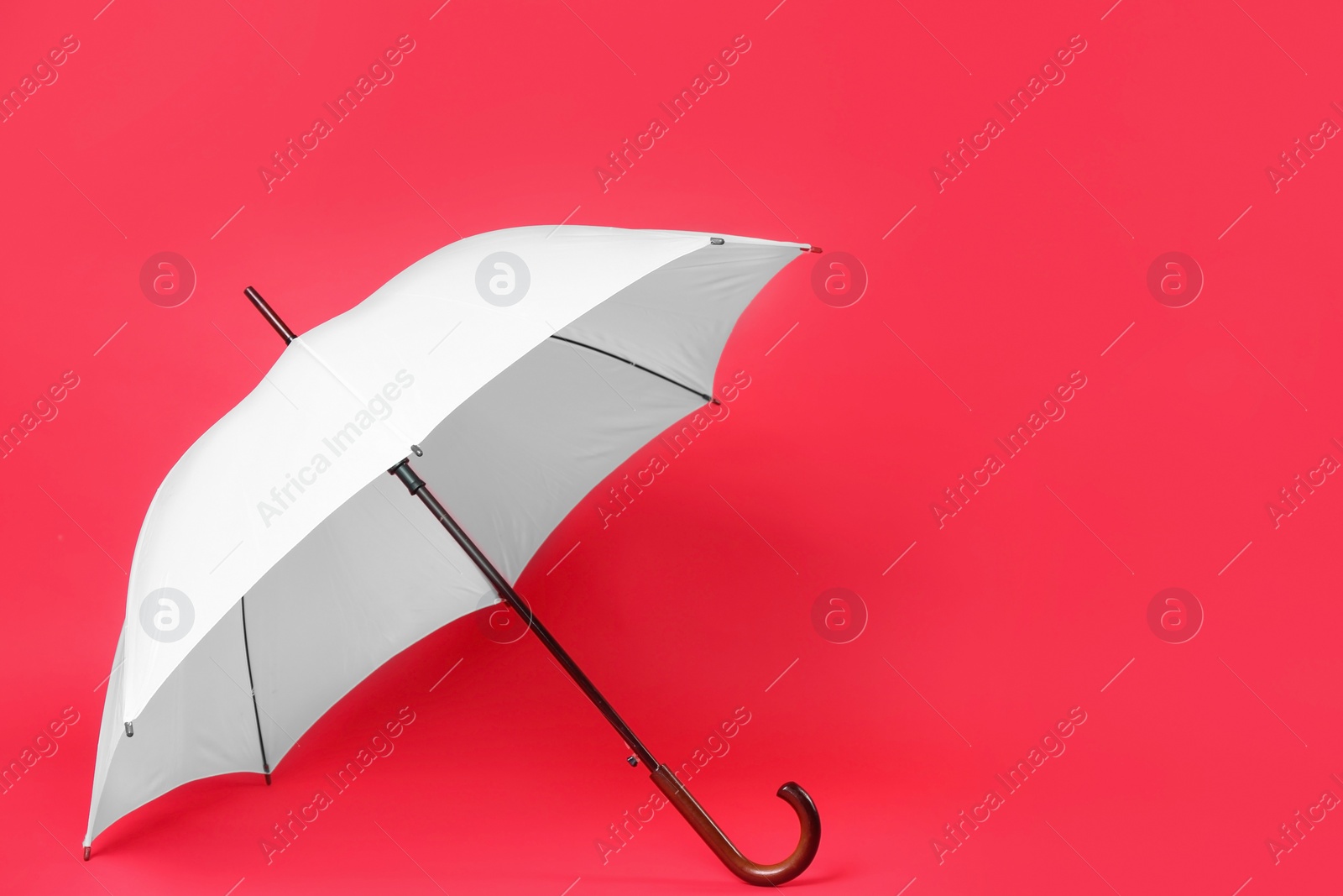 Photo of Beautiful white umbrella on red background. Space for text