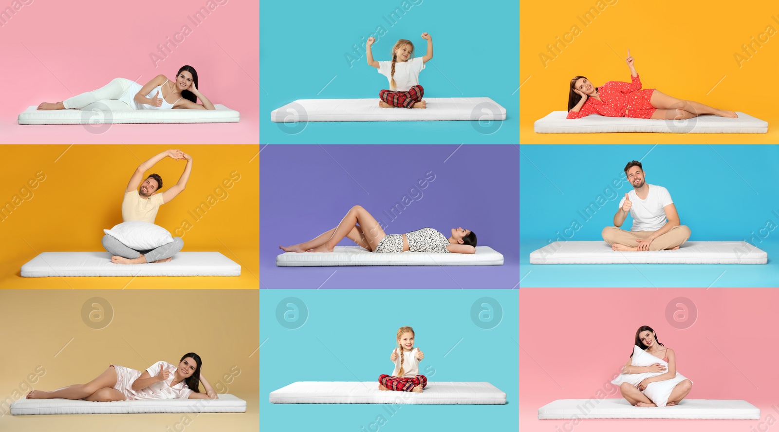 Image of Collage with photos of people on soft comfortable mattresses on different color backgrounds