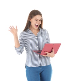 Photo of Emotional young woman with laptop celebrating victory on white background