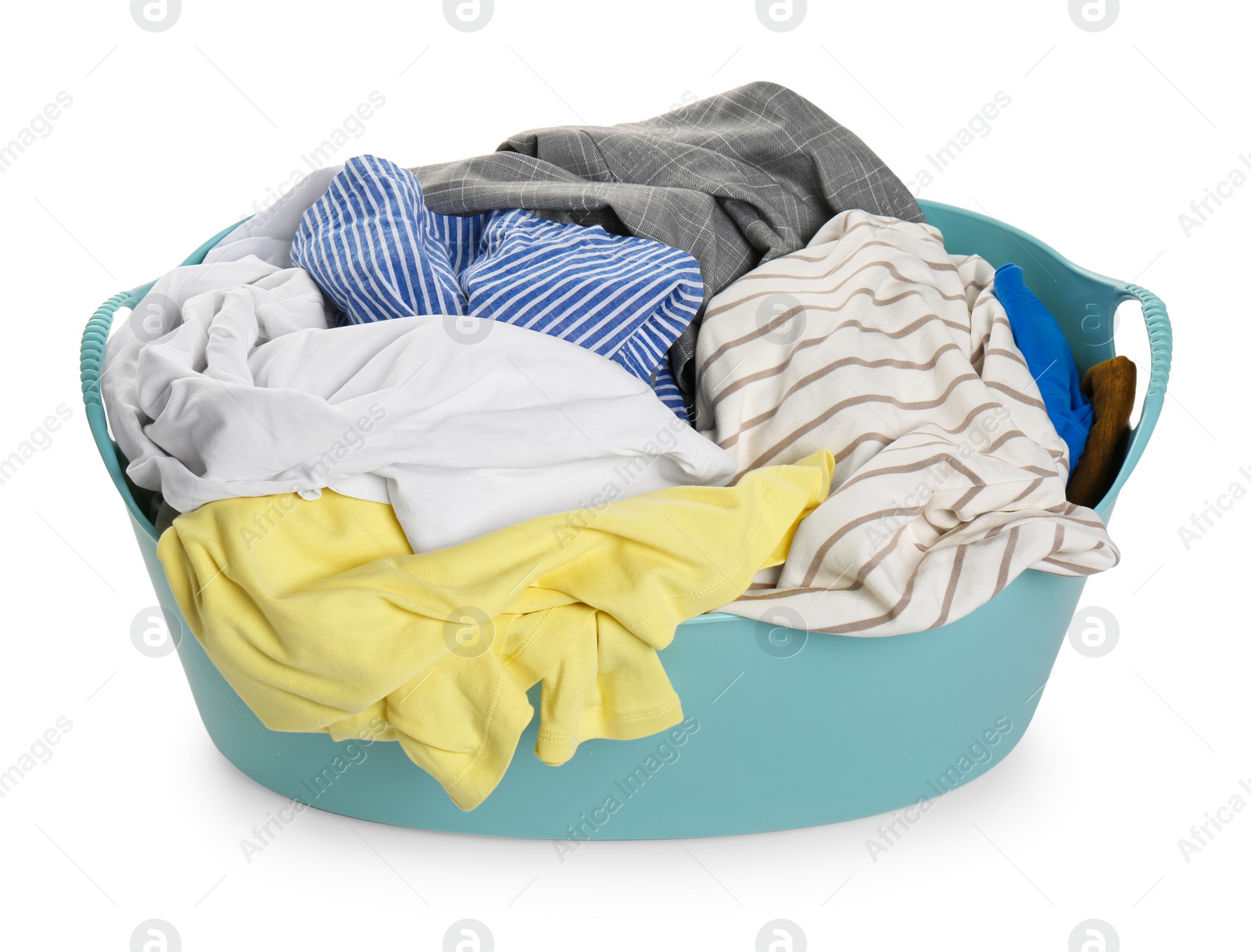 Photo of Plastic laundry basket full of clothes isolated on white