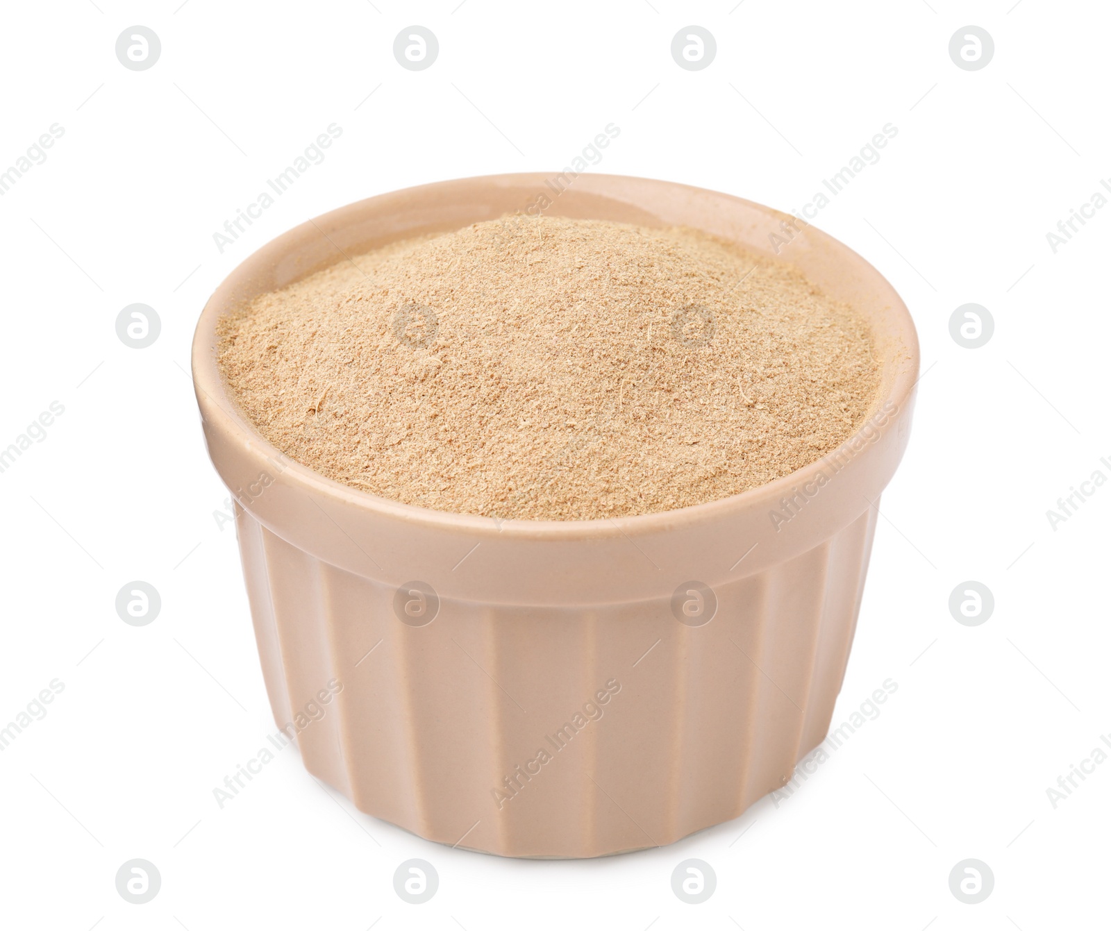 Photo of Dietary fiber. Psyllium husk powder in bowl isolated on white