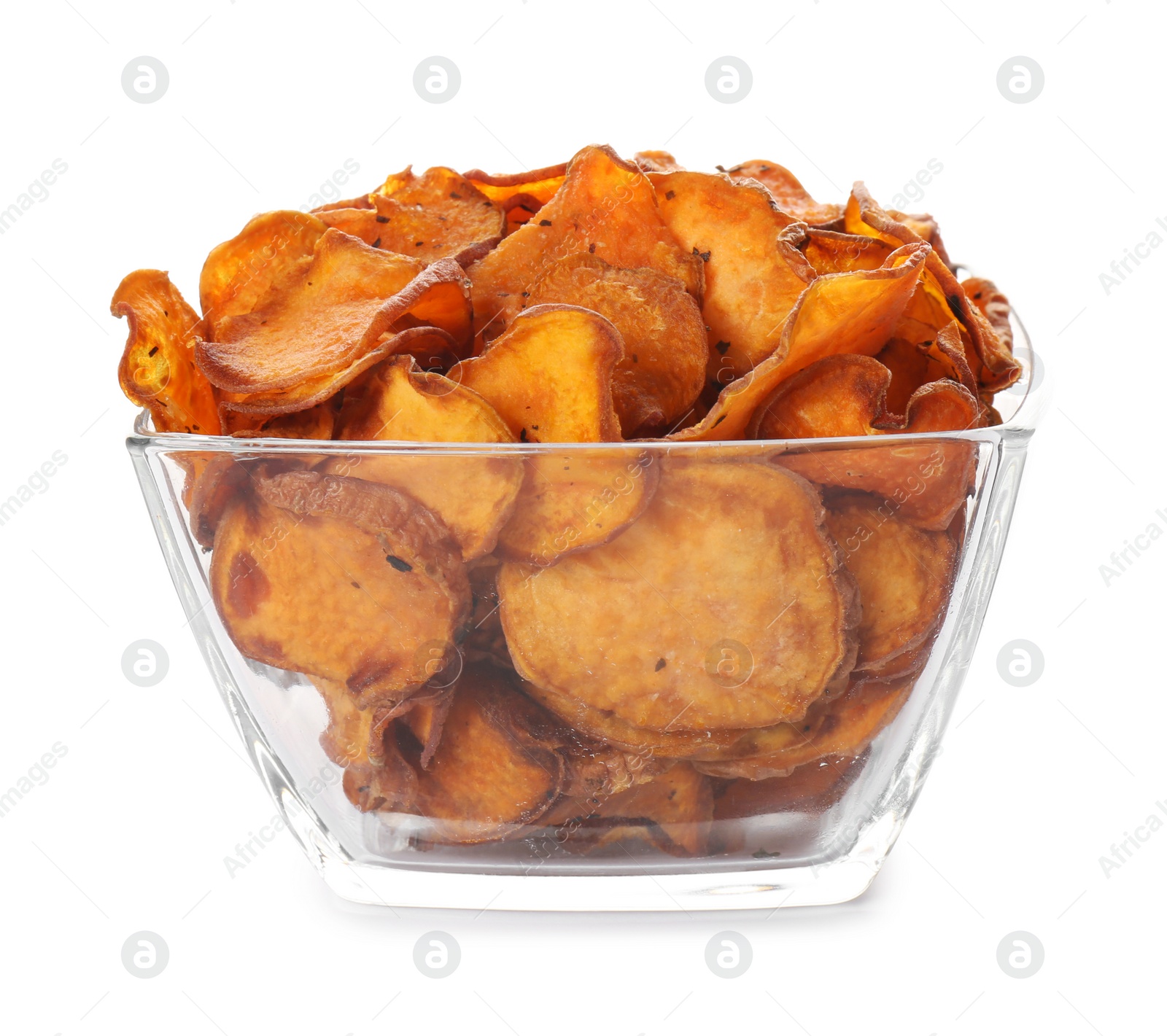 Photo of Bowl of tasty sweet potato chips isolated on white