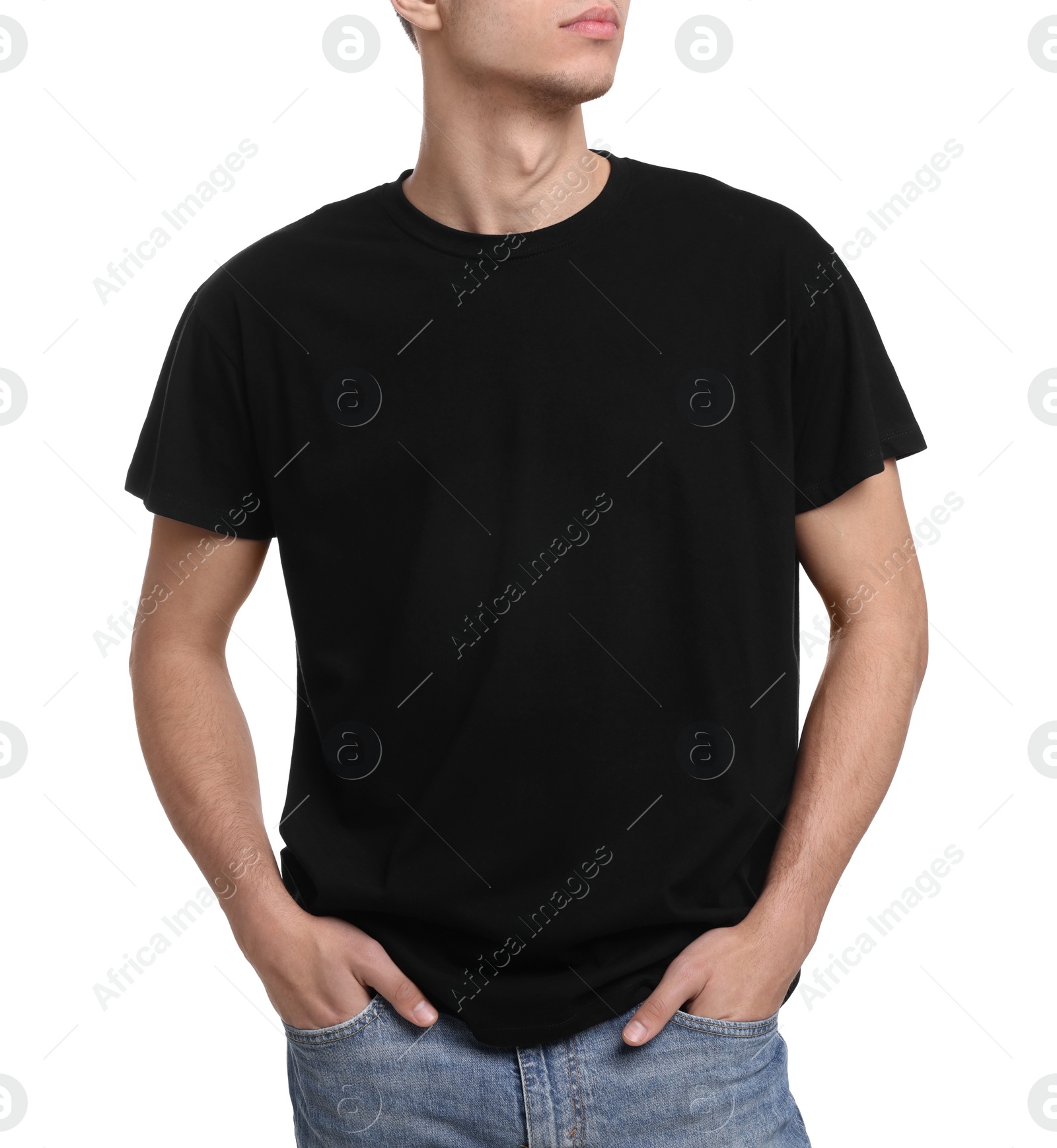 Photo of Young man wearing black t-shirt on white background, closeup