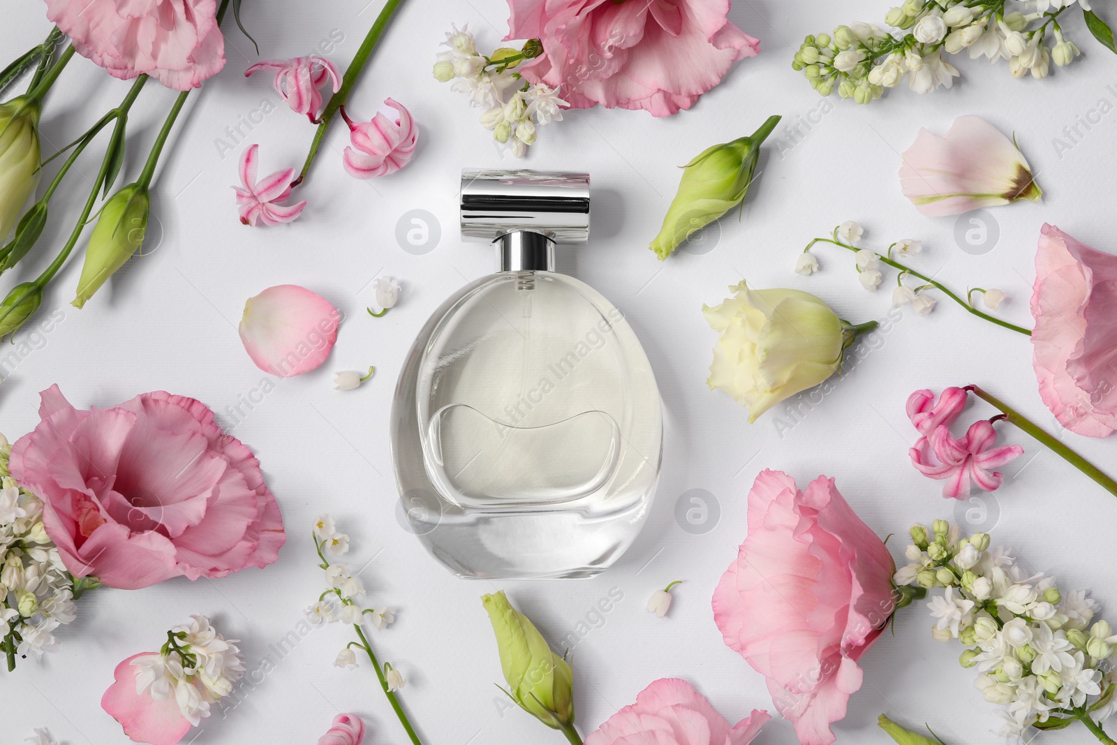 Photo of Luxury perfume and floral decor on white background, flat lay