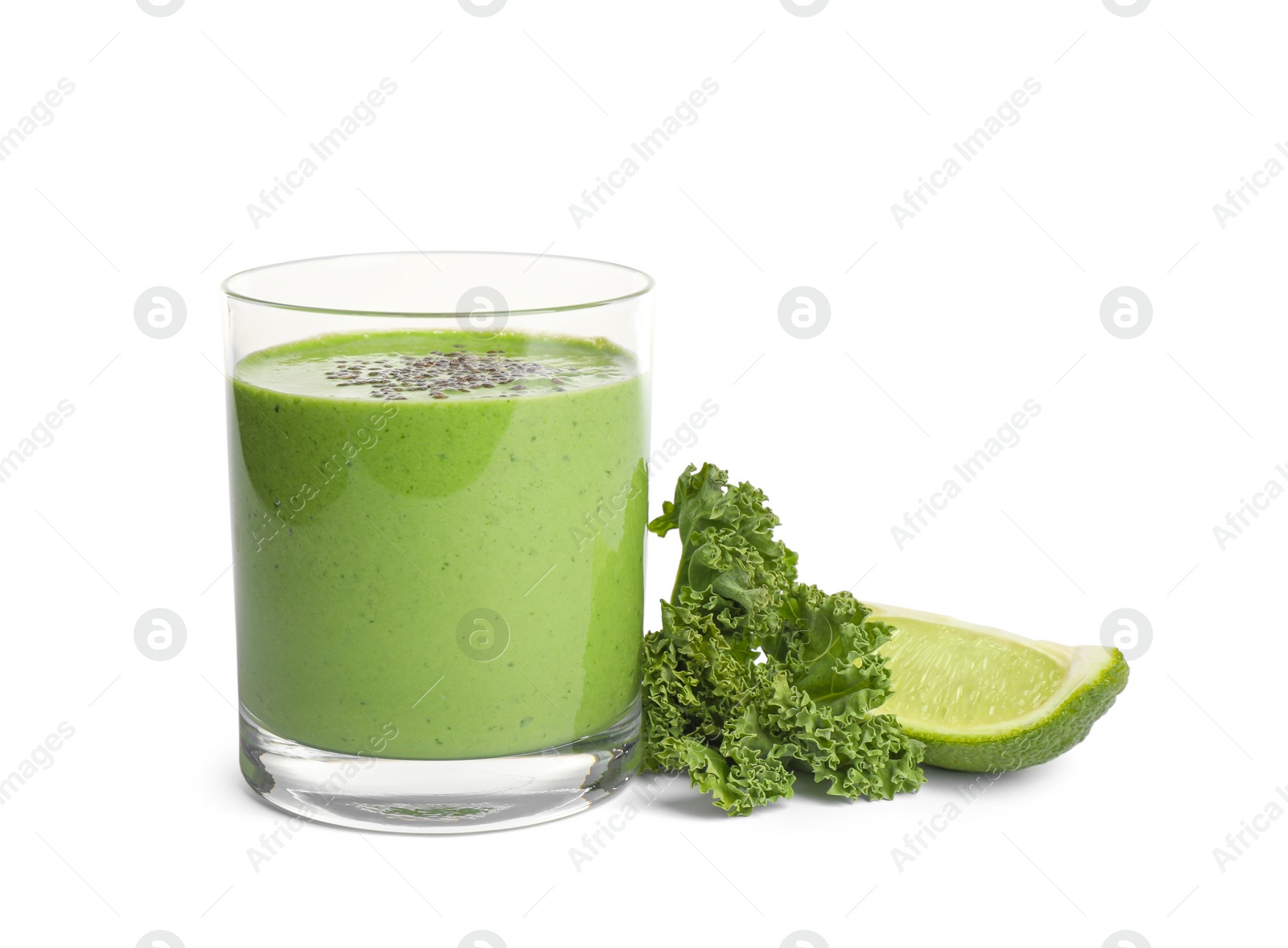 Photo of Tasty fresh kale smoothie on white background