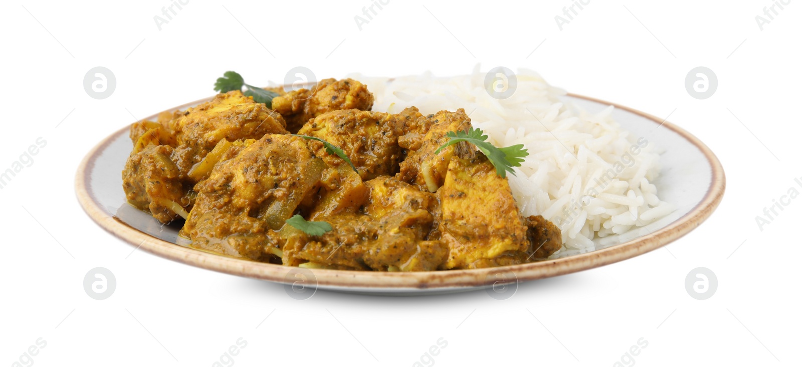 Photo of Delicious chicken curry with rice isolated on white