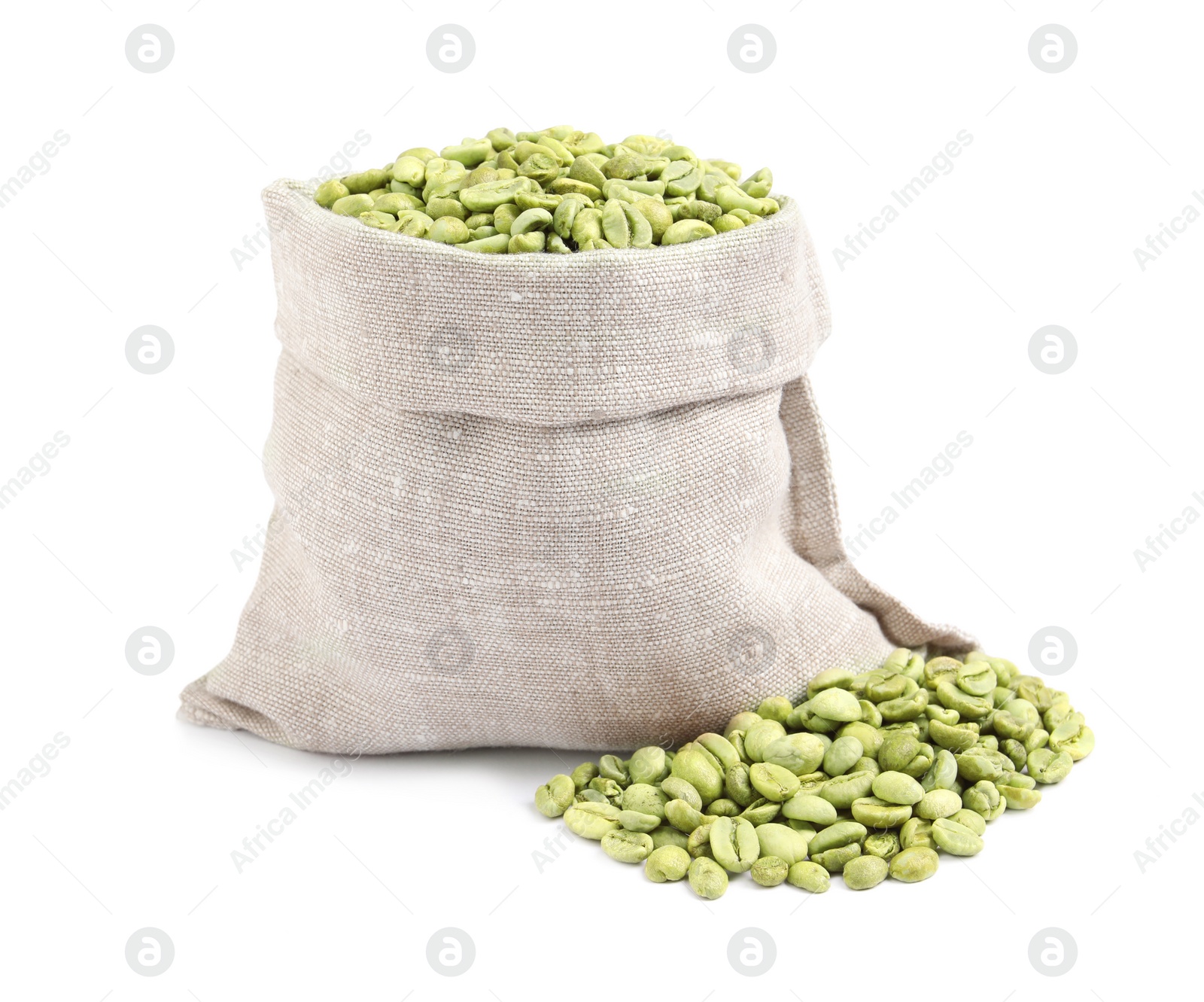 Photo of Sackcloth bag with green coffee beans on white background