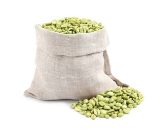 Photo of Sackcloth bag with green coffee beans on white background