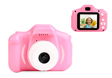 Image of Pink toy cameras on white background in collage, one with photo of girl indoors