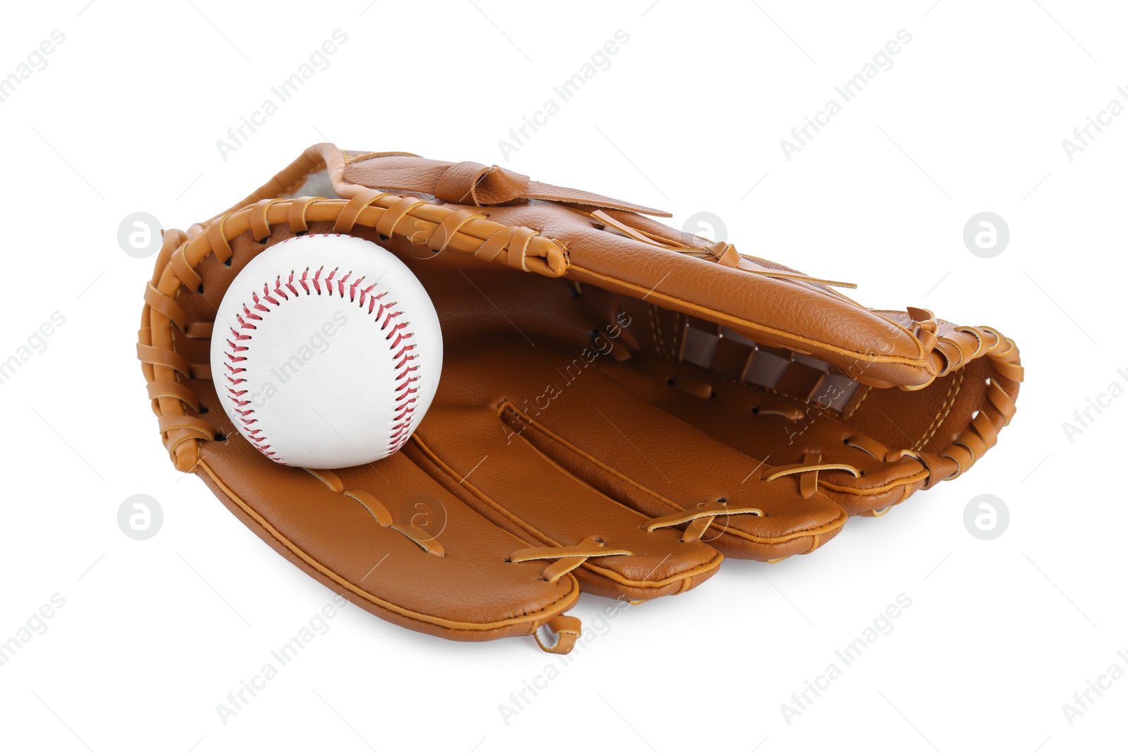 Photo of Leather baseball glove with ball on white background