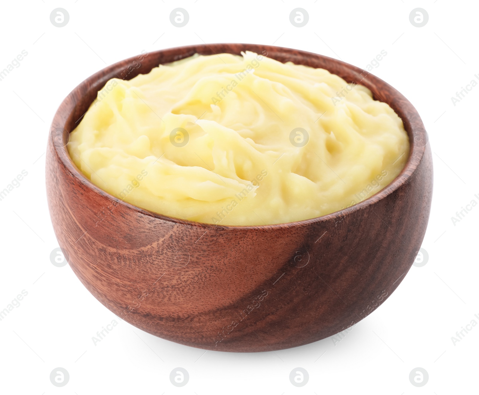 Photo of Wooden bowl of delicious mashed potato isolated on white