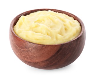 Photo of Wooden bowl of delicious mashed potato isolated on white