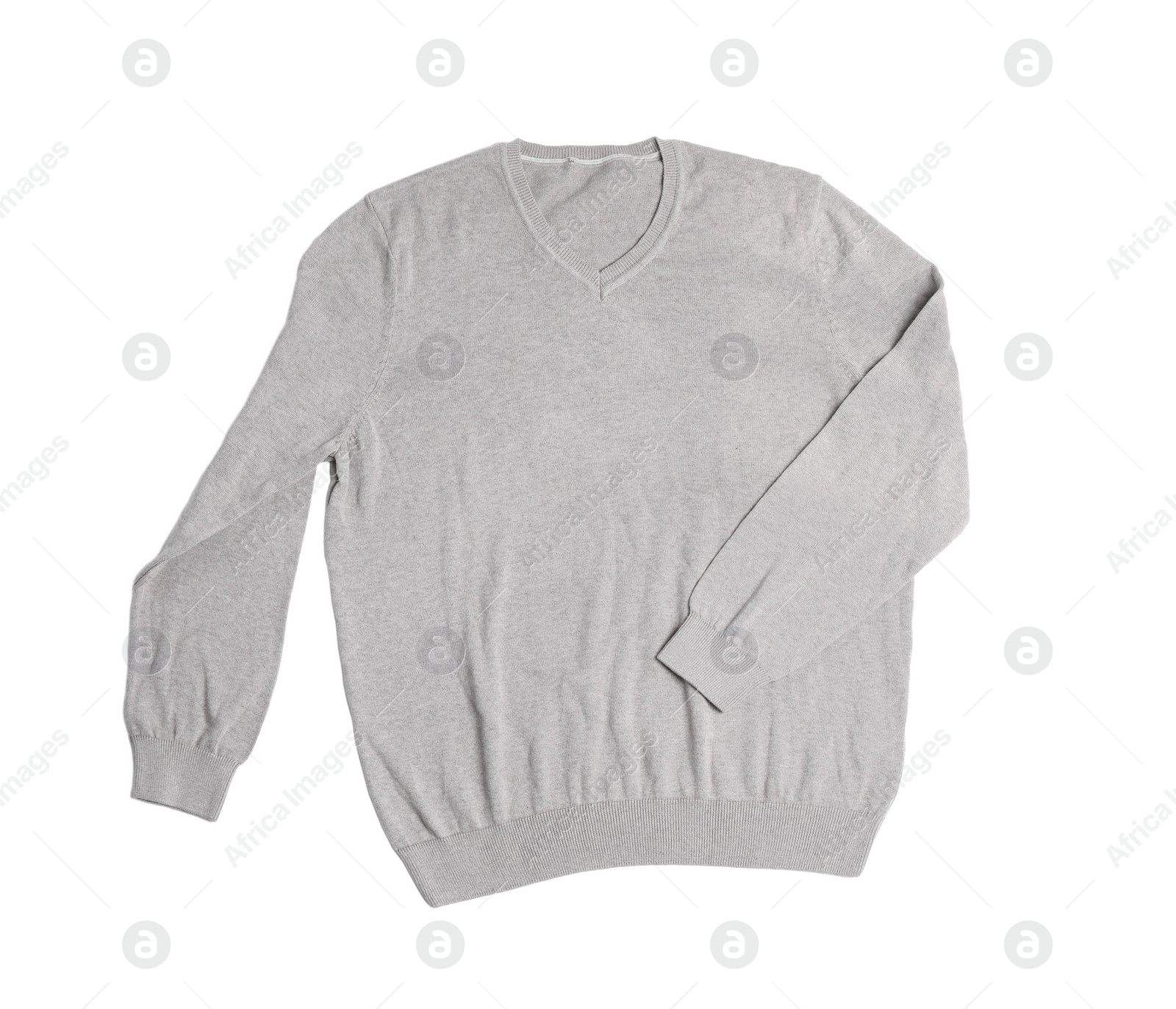 Photo of Grey knitted sweater on white background, top view