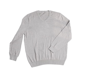 Grey knitted sweater on white background, top view