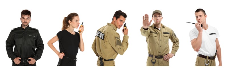 Image of Collage of different professional security guards on white background. Banner design