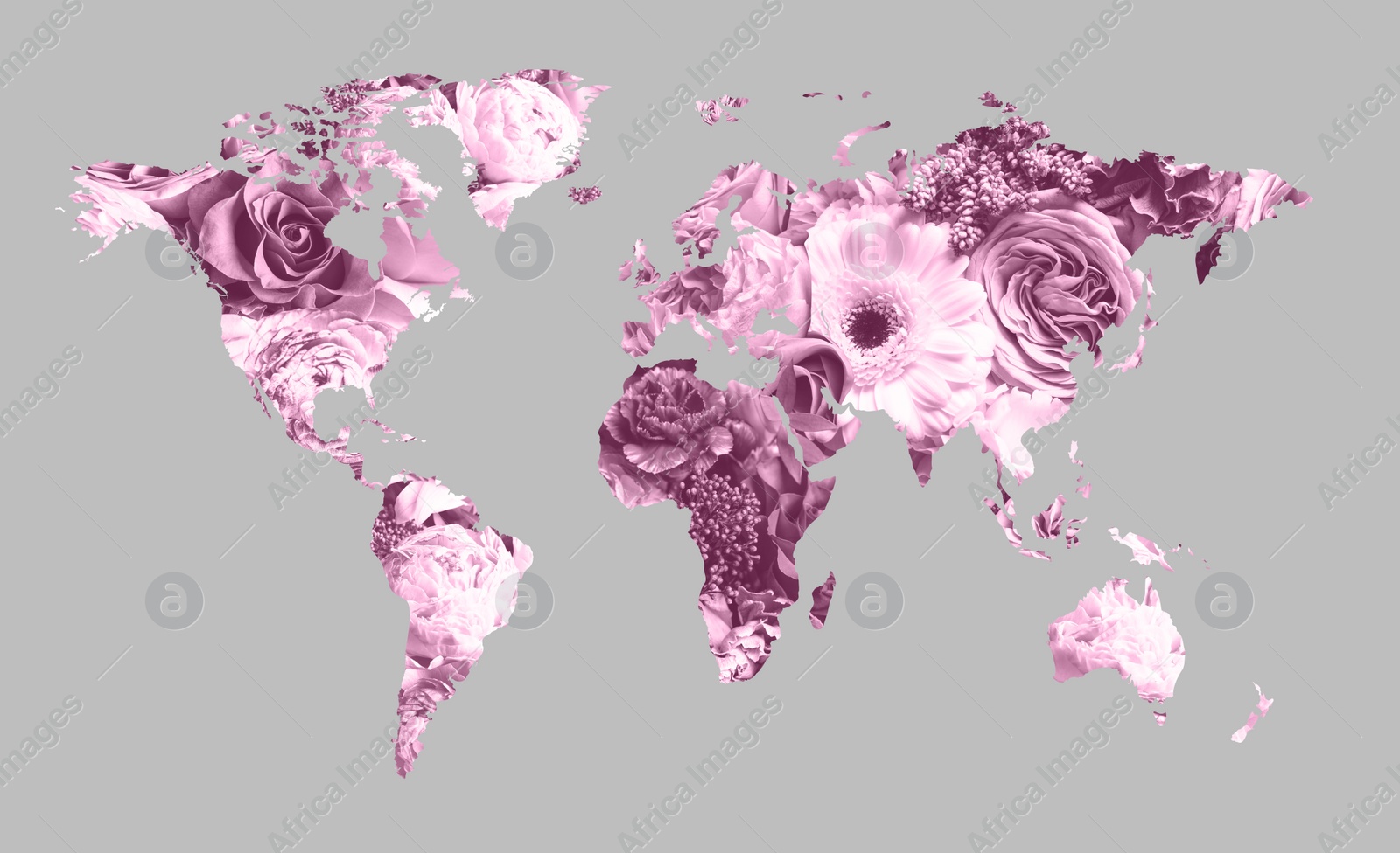 Image of World map made of beautiful flowers on grey background, banner design