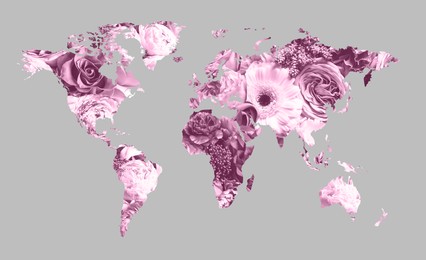 World map made of beautiful flowers on grey background, banner design