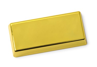 One shiny gold bar isolated on white, top view