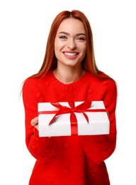 Photo of Young woman in red sweater with gift box on white background. Christmas celebration