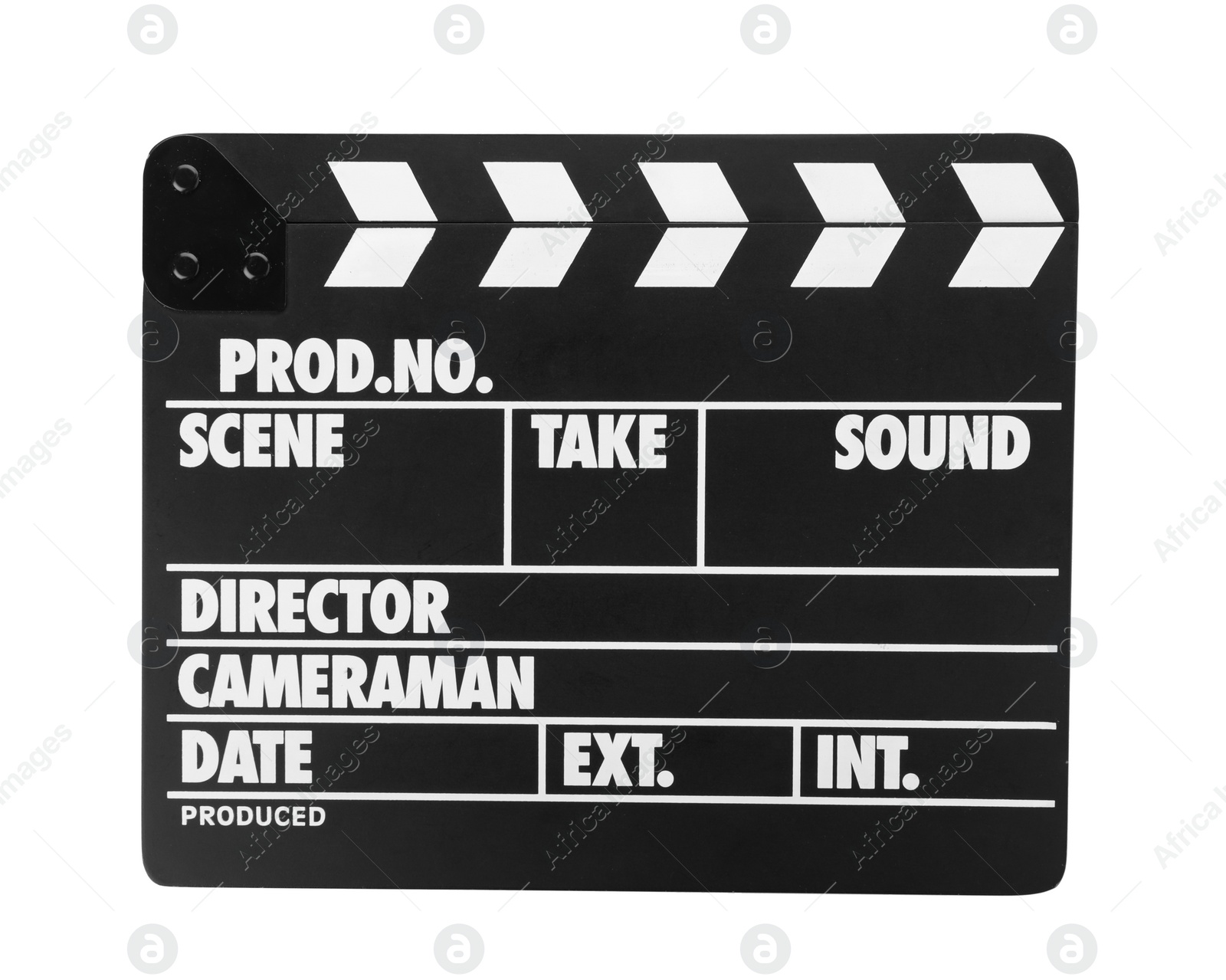 Photo of Clapper board isolated on white. Cinema production