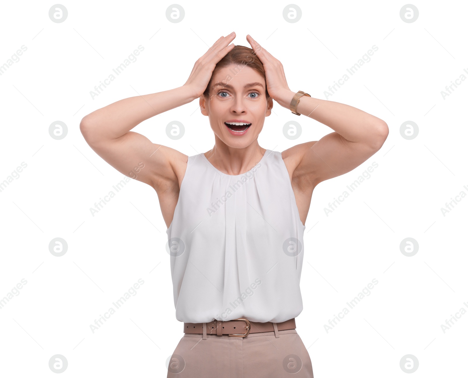 Photo of Portrait of emotional businesswoman on white background