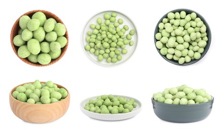 Image of Set with spicy wasabi coated peanuts on white background