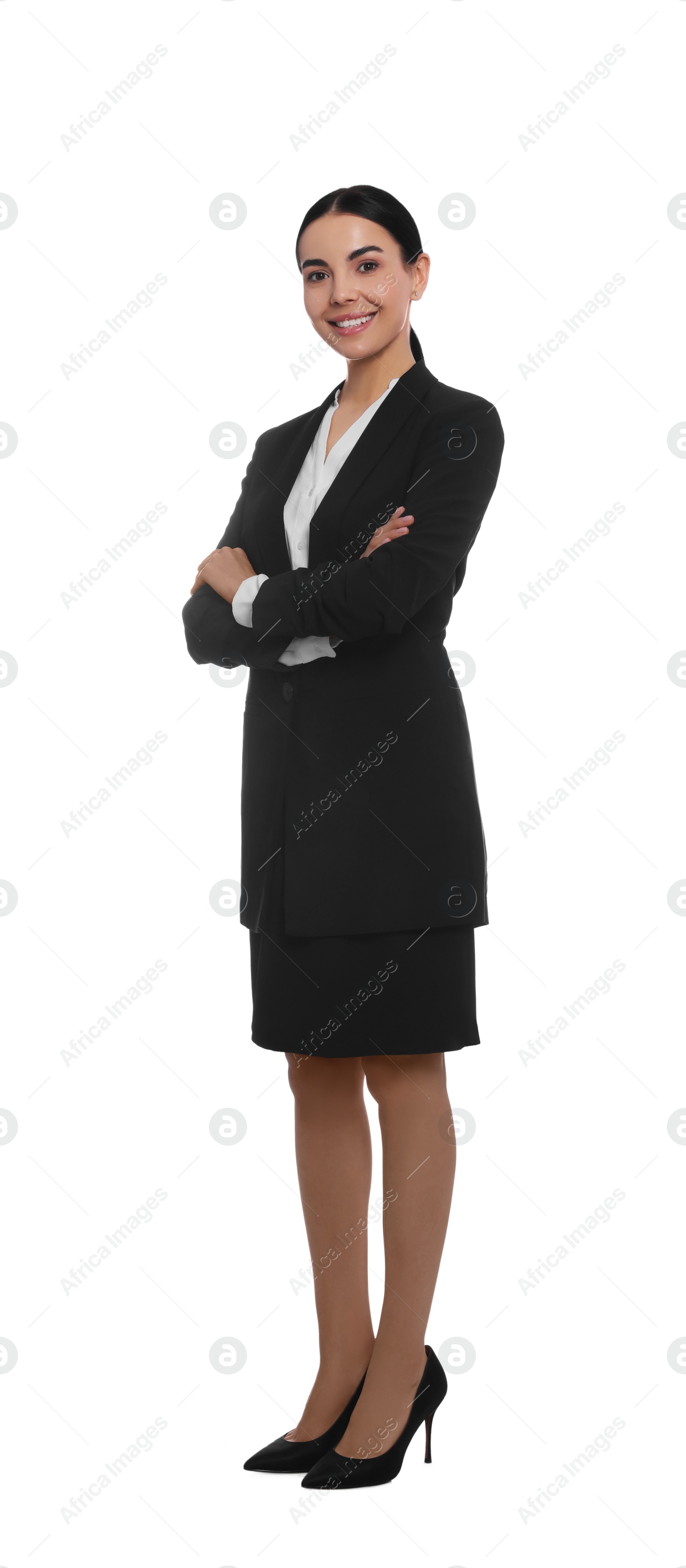 Photo of Full length portrait of hostess in uniform on white background