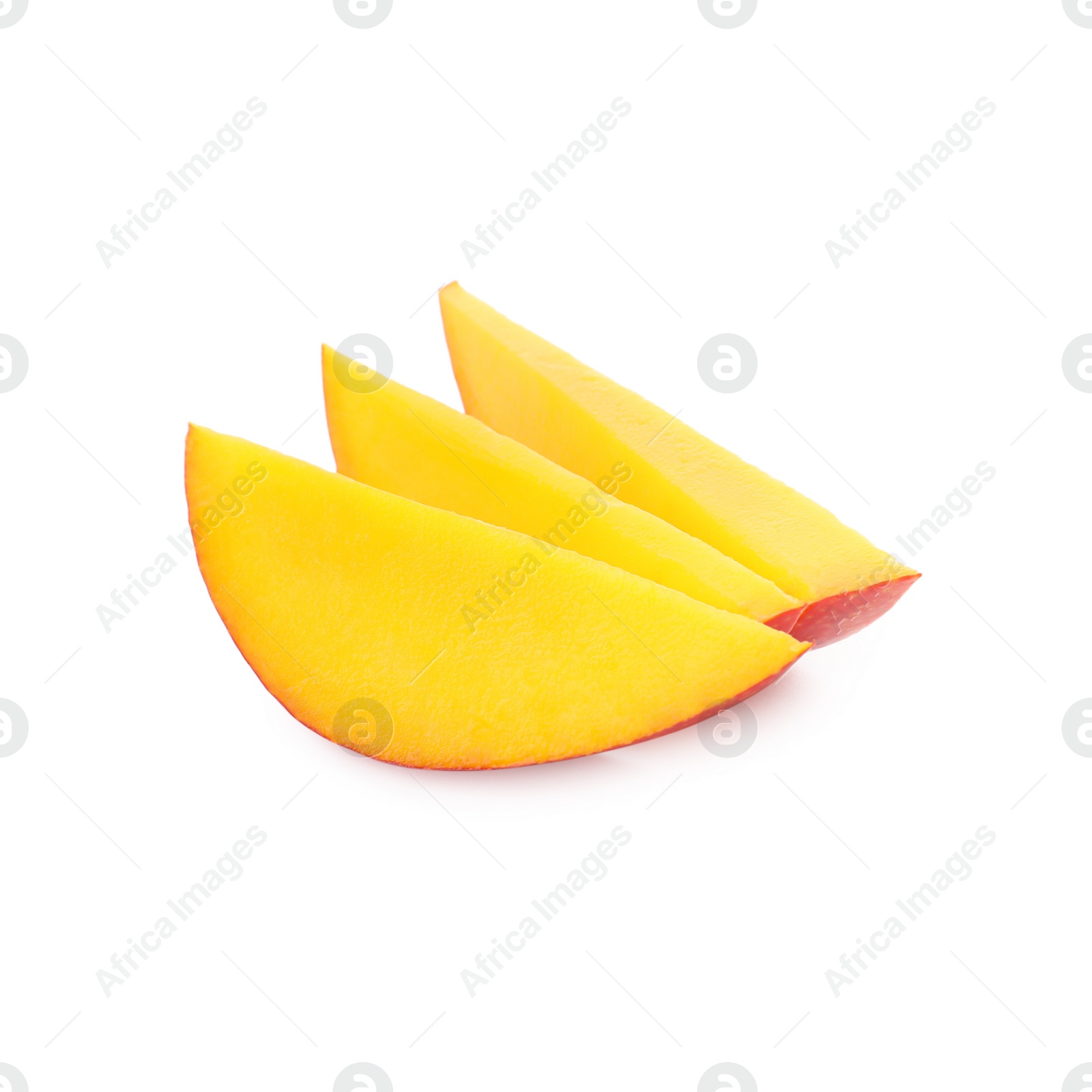 Photo of Slices of ripe mango isolated on white. Exotic fruit