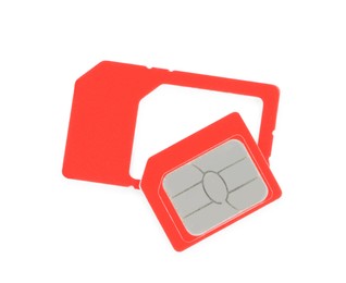 Photo of Red SIM card isolated on white, top view